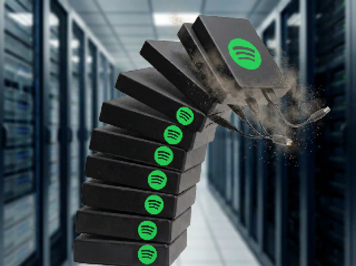 A towering, precarious stack of hard drives labeled with Spotify logos, tipping over