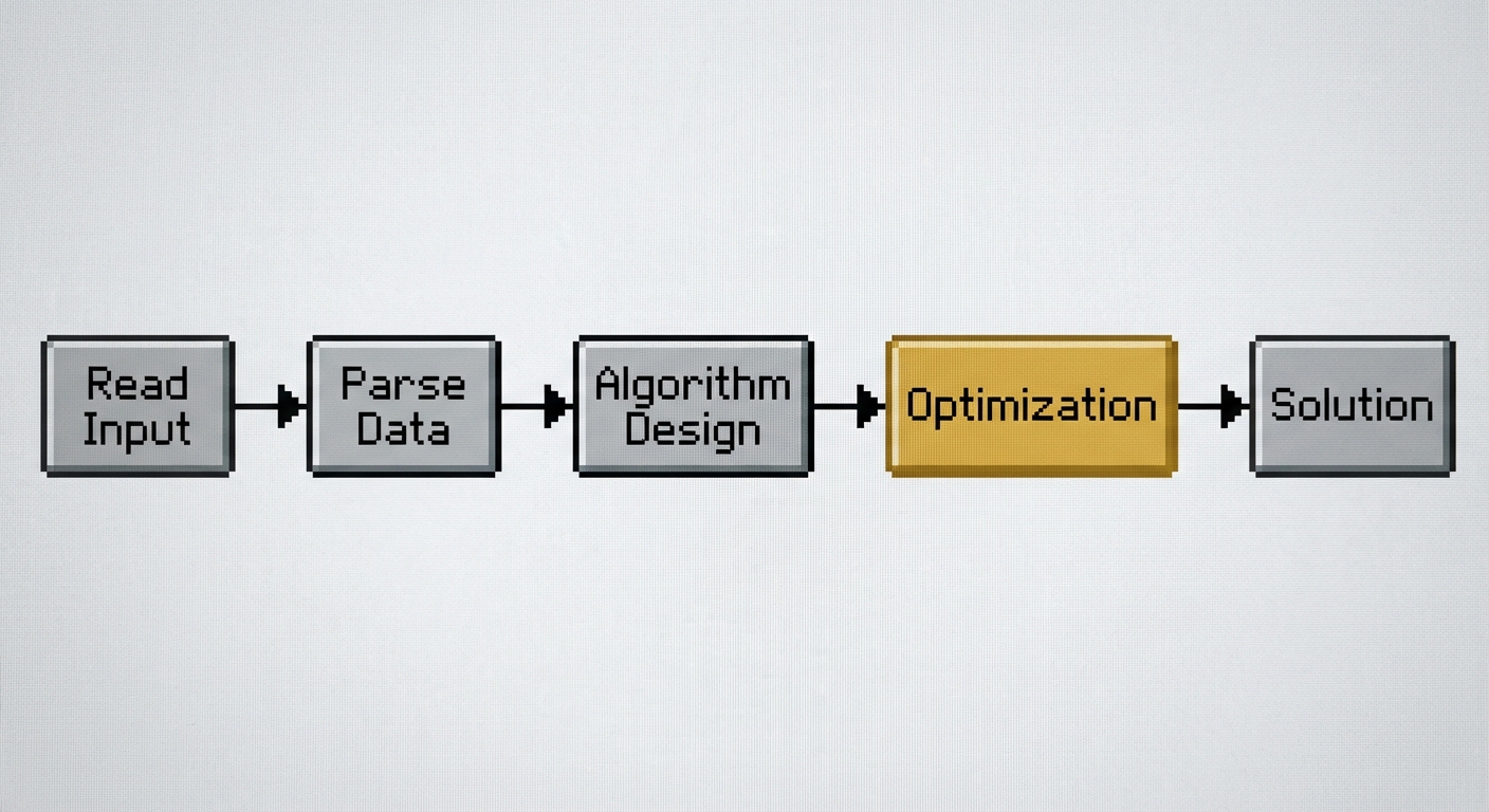 A diagram showing a flowchart of the problem-solving process: "Read Input" -> "Parse Data" -> "Algorithm Design" -> "Optimization" -> "Solution". The "Optimization" box is highlighted in gold.