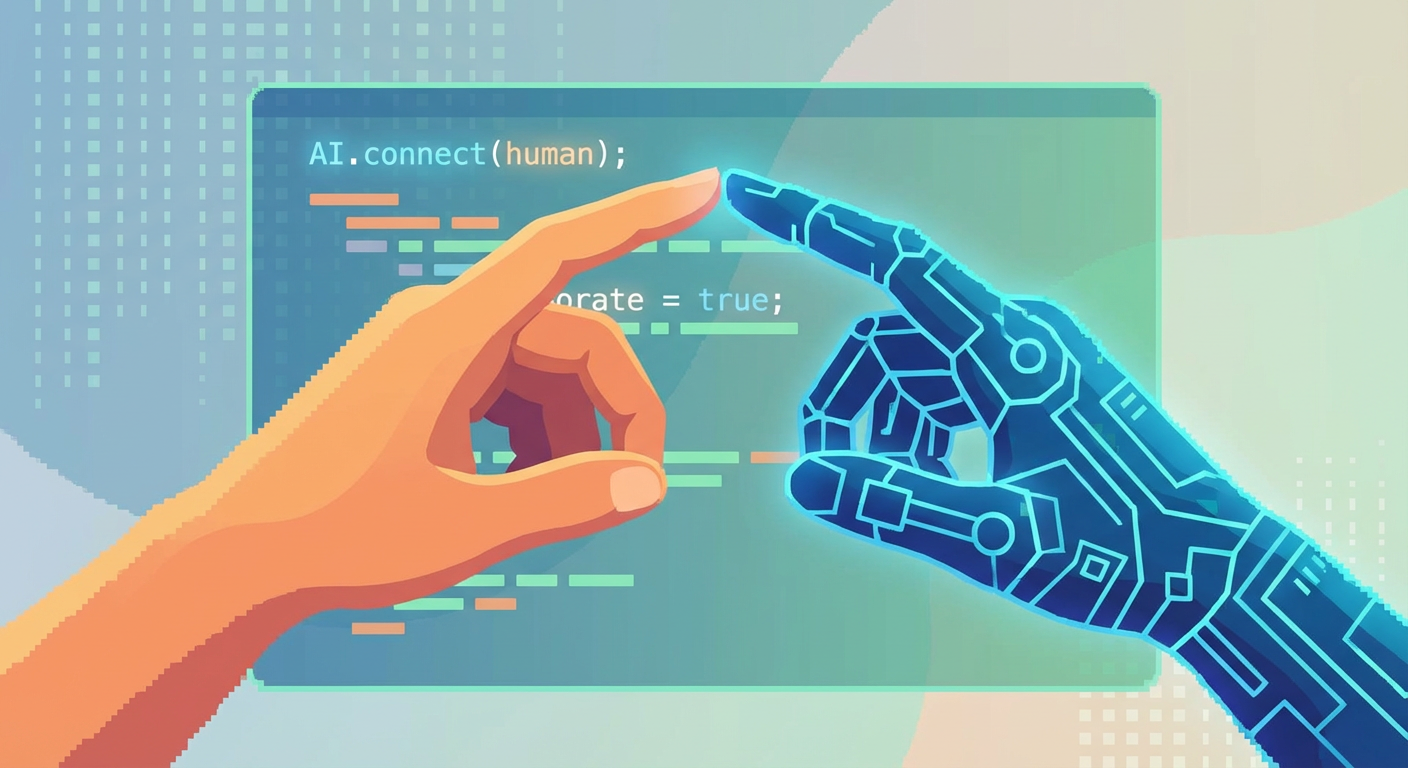 Abstract illustration of AI and human hands working together on a code screen