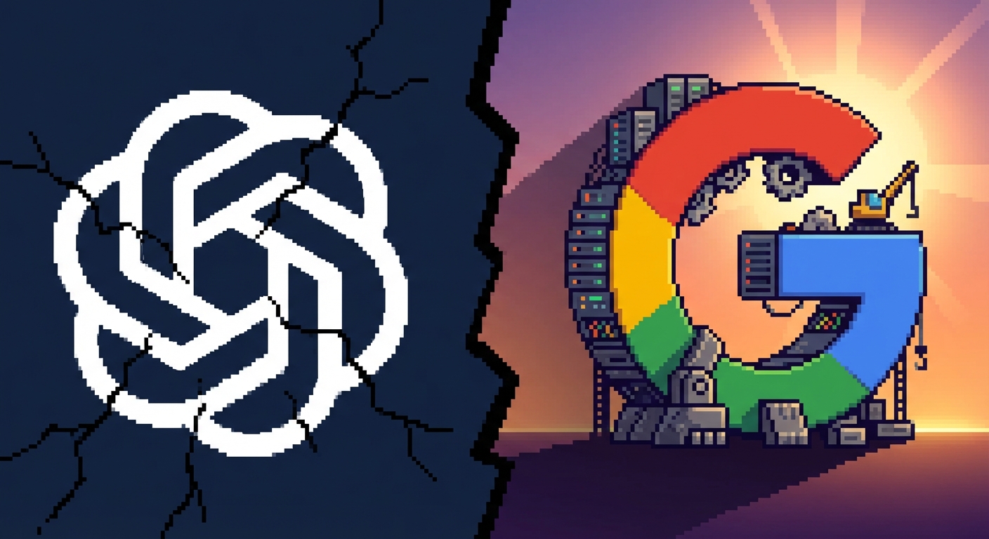 A high-contrast split illustration. On the left, a sleek, minimalist OpenAI logo seemingly cracking under pressure. On the right, a massive, colorful Google 'G' composed of heavy industrial machinery and server racks, looming over the left side. The lighting suggests a turning tide.
