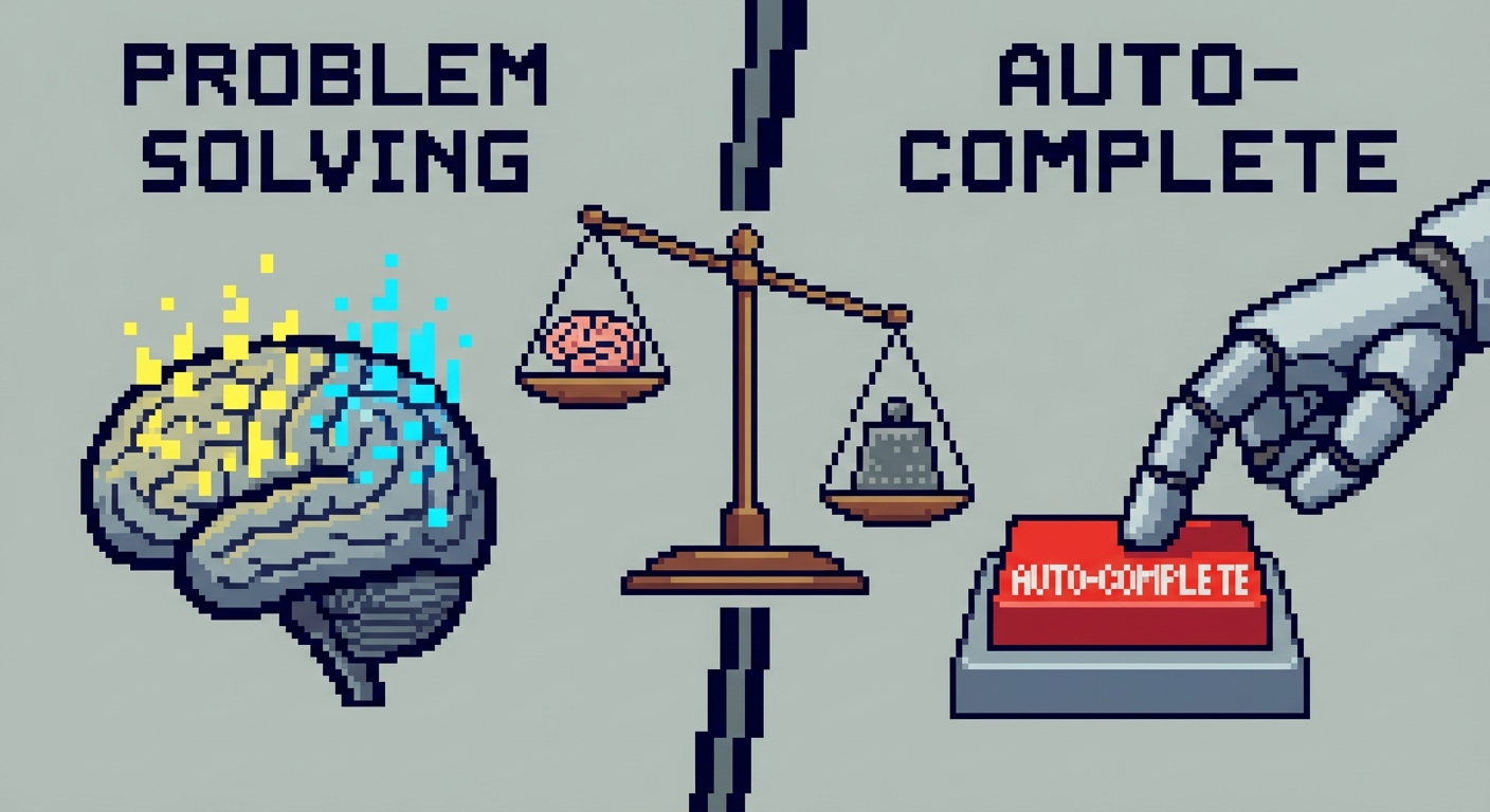 A split-screen illustration. On the left, a human brain glowing with activity, labeled "Problem Solving". On the right, a robot hand pressing a button labeled "Auto-Complete". A balance scale in the middle tips heavily towards the robot.