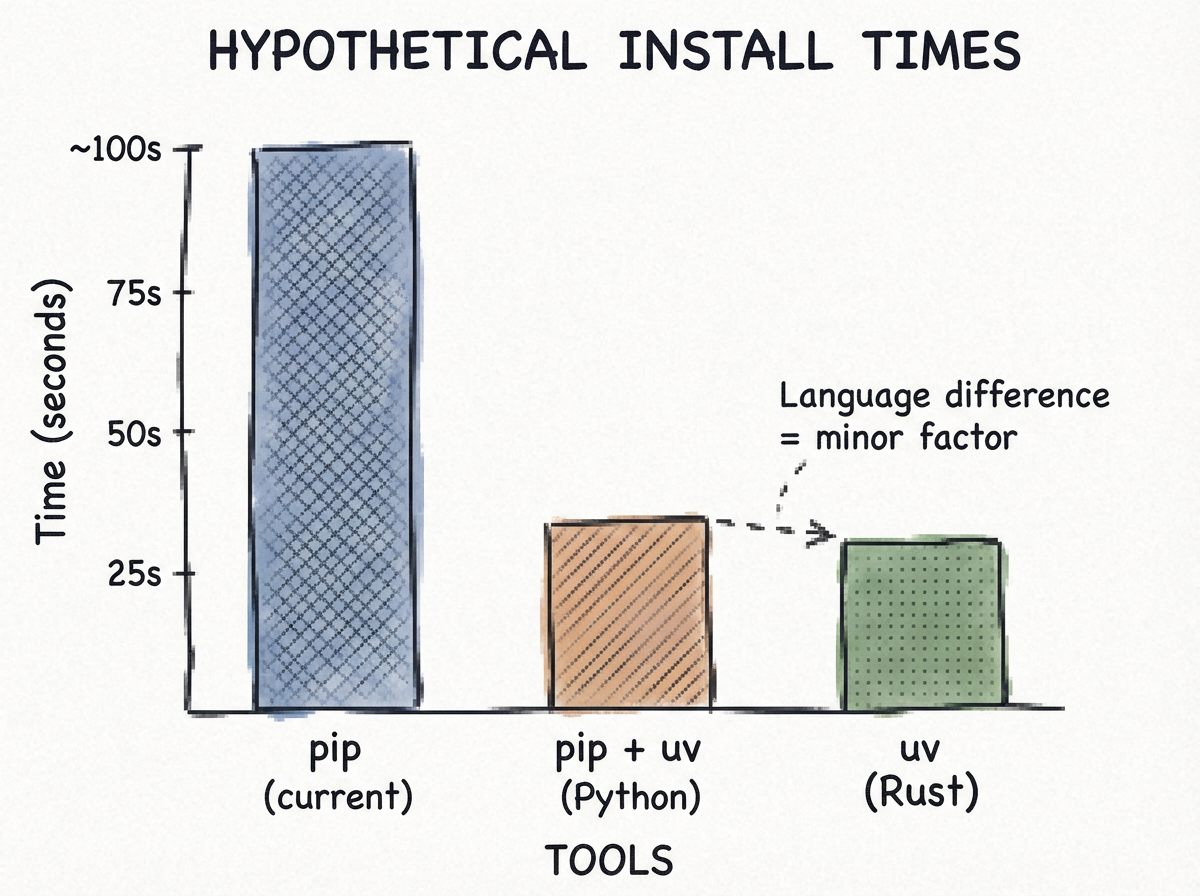A simple bar chart comparing hypothetical install times: 'pip (current)', 'pip with all uv optimizations in Python', 'uv (Rust)'. The middle bar is only slightly taller than the 'uv' bar, emphasizing that language is a minor factor.