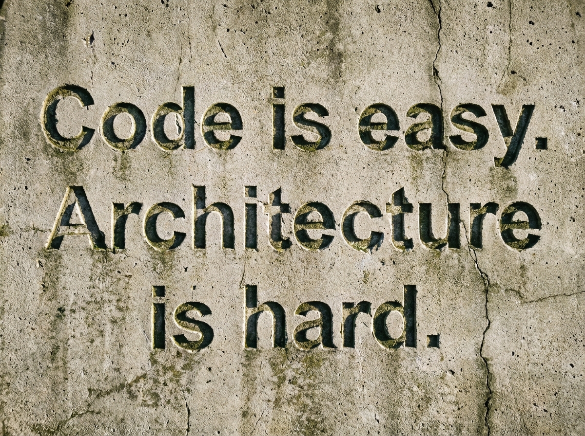 A typography-based image featuring the text: "Code is easy. Architecture is hard." The text should look like it is etched into concrete or stone.