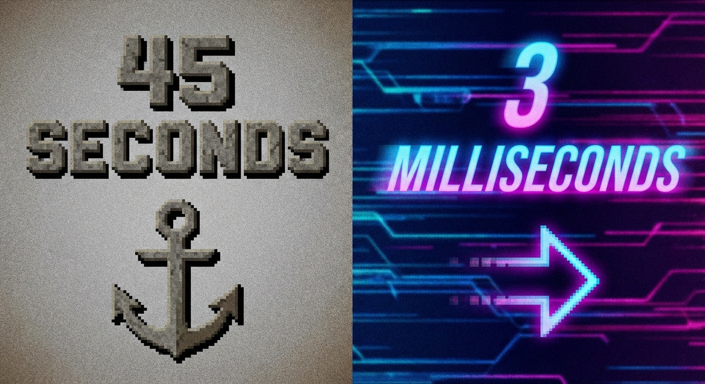 A bold typographic image displaying the text "45 Seconds vs 3 Milliseconds" in a split contrast design. The left side (45s) looks heavy, sluggish, and gray. The right side (3ms) is sleek, neon, and blurred with motion.