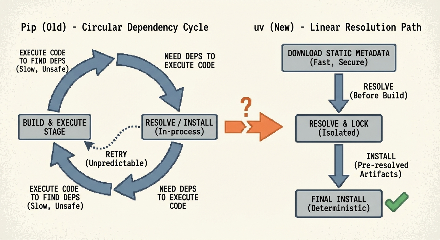 A flowchart contrasting pip's old dependency resolution (circular arrows labeled 'execute code to find deps' and 'need deps to execute code') with uv's linear path (download static metadata, resolve, install)