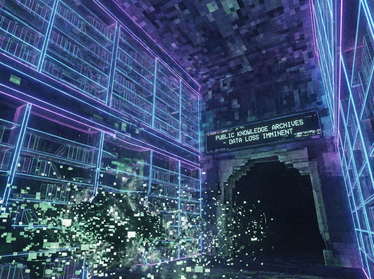 A digital library with towering neon bookshelves where the bottom floors are crumbling into static and pixelated dust, symbolizing the decay of public knowledge archives.