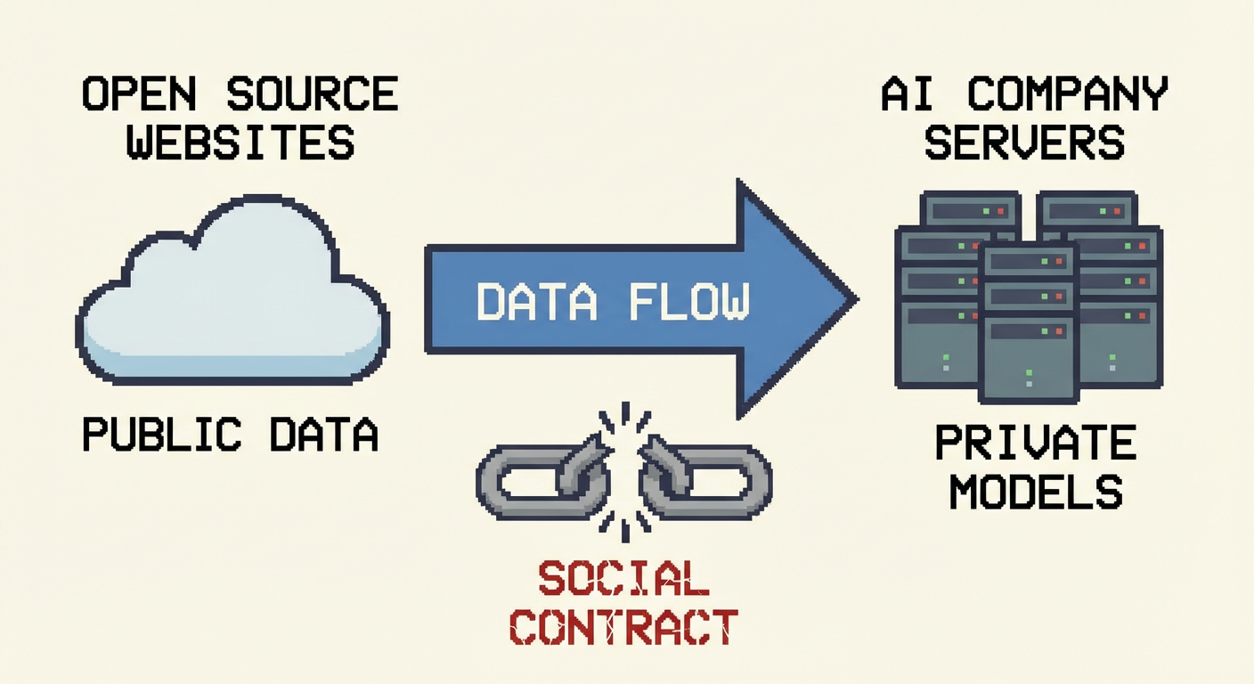 Diagram showing a one-way flow of data from open source websites into AI company servers, with a broken chain labeled "social contract"