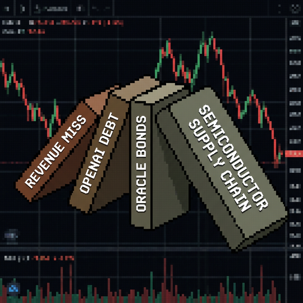 A visualization of a falling domino chain. The first domino is labeled 'Revenue Miss', hitting 'OpenAI Debt', hitting 'Oracle Bonds', finally tipping over a large block labeled 'Semiconductor Supply Chain'. The background is a dark financial chart.