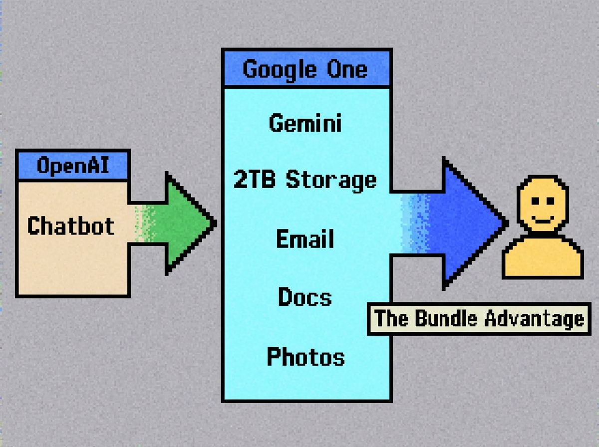 A comparison diagram. On the left, a box labeled 'OpenAI' containing only 'Chatbot'. On the right, a larger box labeled 'Google One' containing 'Gemini', '2TB Storage', 'Email', 'Docs', and 'Photos'. An arrow points from the right box to a user, labeled 'The Bundle Advantage'.
