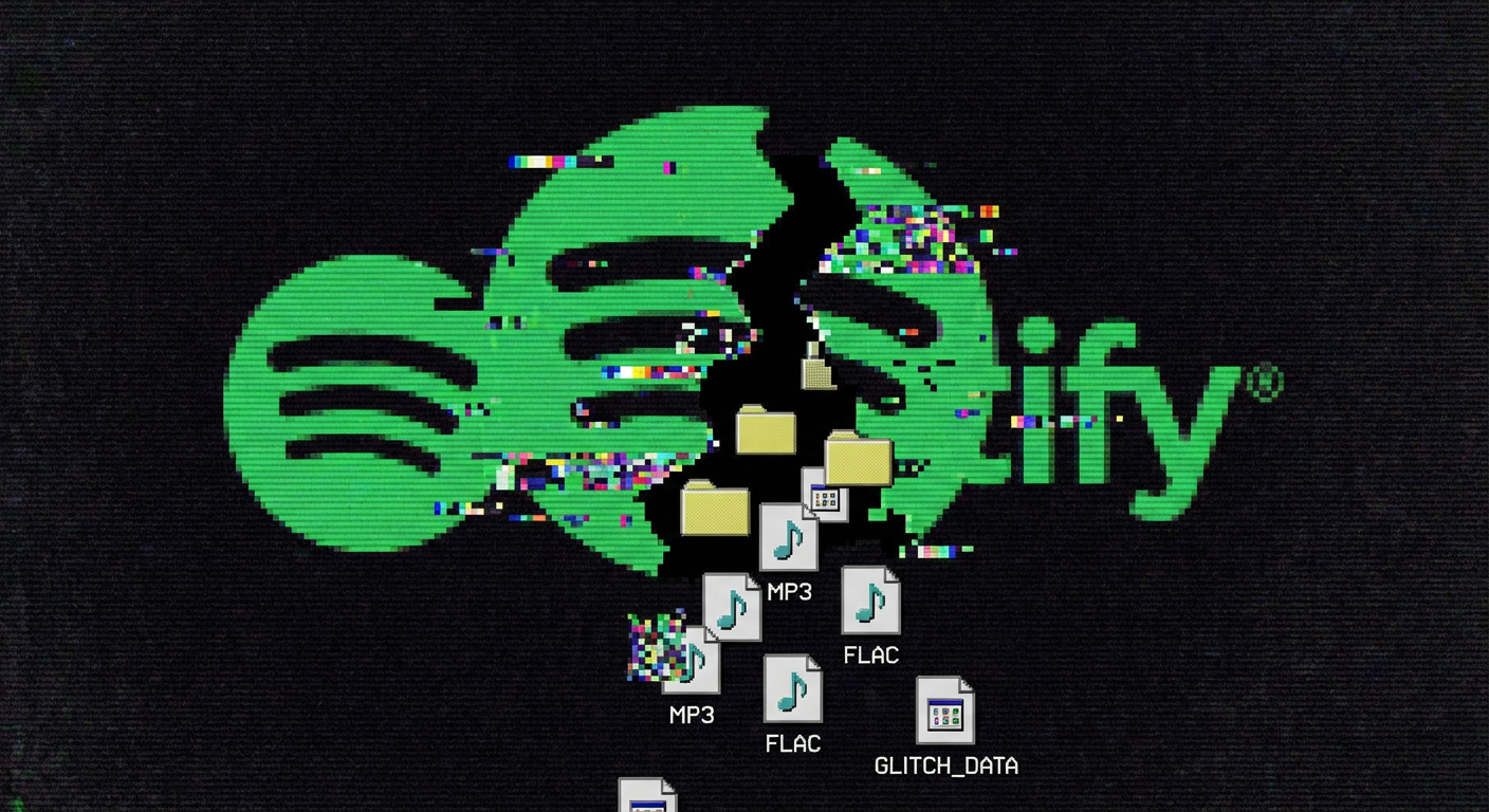 A cracked, glitching Spotify logo on a dark background, with digital file icons spilling out
