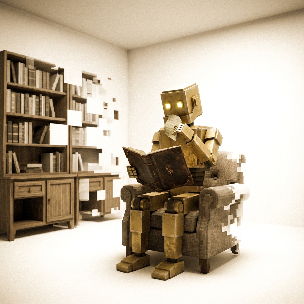 A golden robot eating pages from an old leather-bound book while sitting in a room that is slowly becoming empty and white.