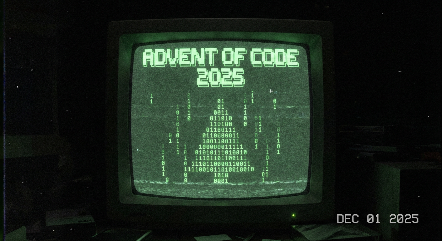 A retro-style computer terminal screen glowing green in a dark room. On the screen, binary code falls like snow, forming the shape of a Christmas tree. The text "Advent of Code 2025" is displayed in ASCII art at the top.