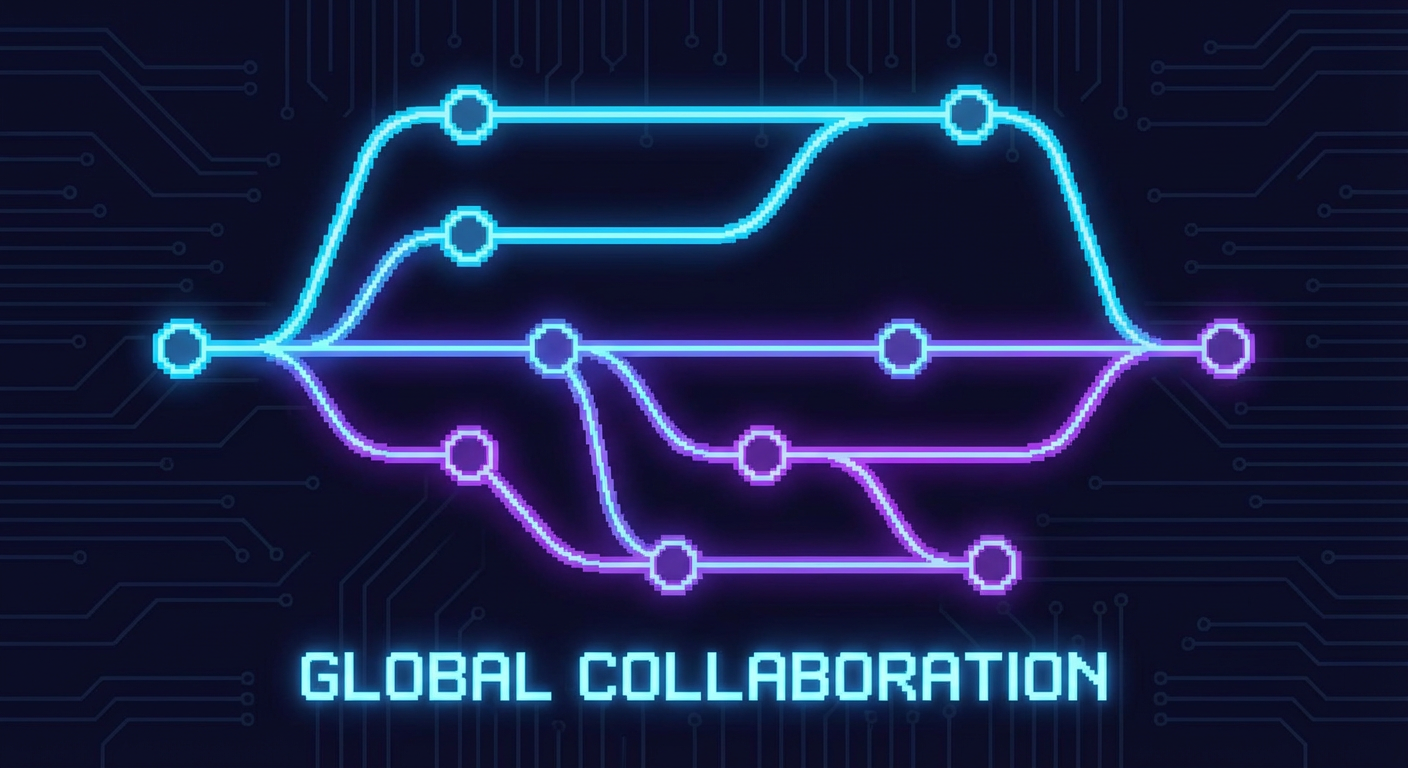 A conceptual illustration of a branching Git tree, glowing with neon lines against a dark background, representing the complexity of global collaboration.