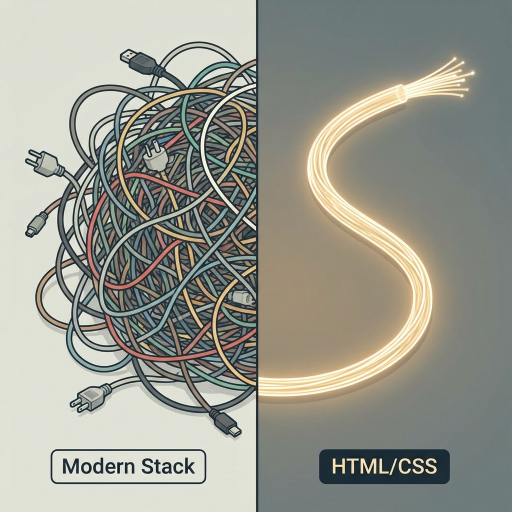 A split-screen illustration. On the left, a chaotic, tangled mess of wires labeled 'Modern Stack'. On the right, a clean, single glowing thread labeled 'HTML/CSS'. The style should be isometric and minimalist.