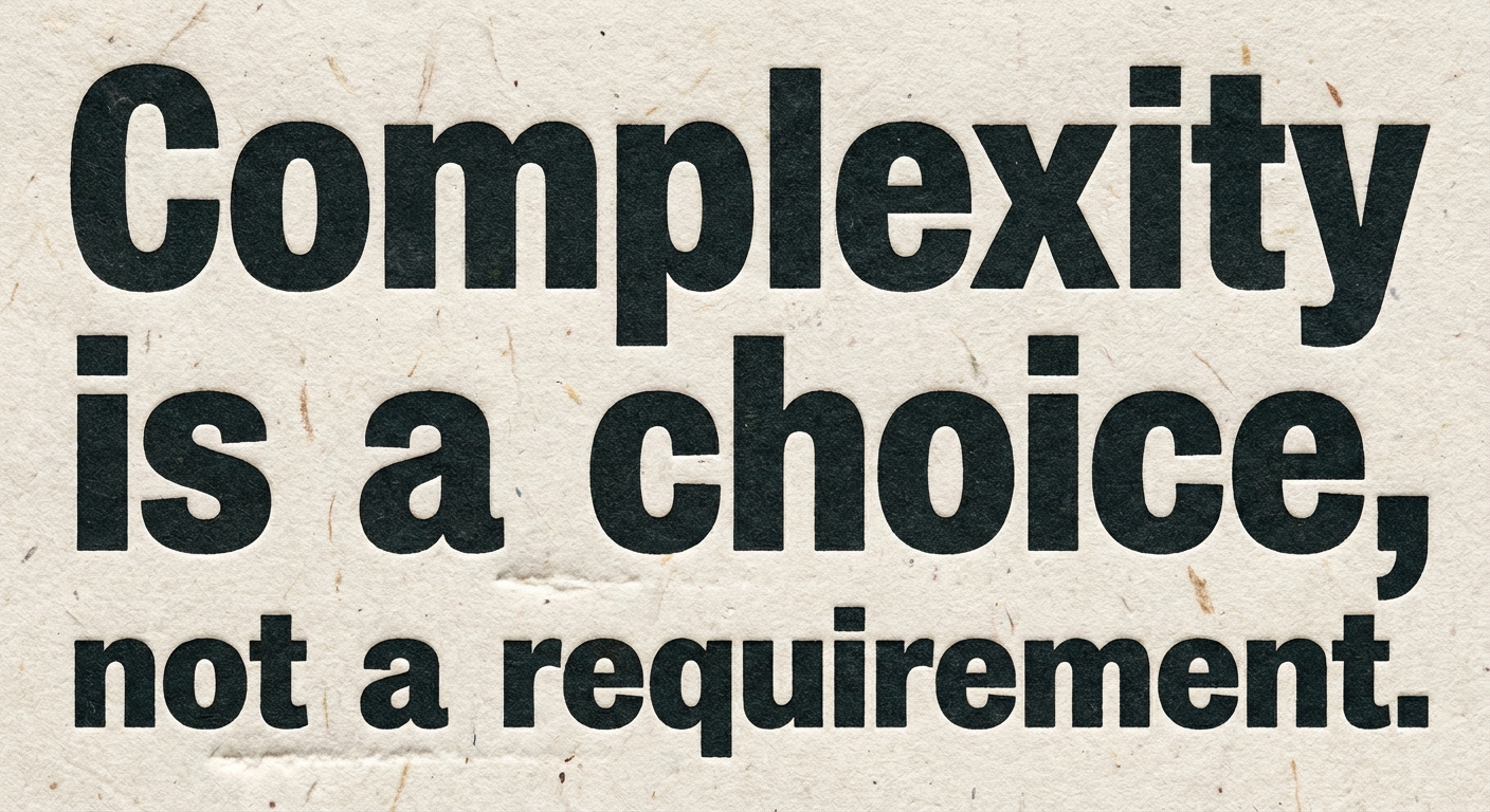A typography-based image featuring the quote: 'Complexity is a choice, not a requirement.' The text should be bold and set against a clean, textured background.